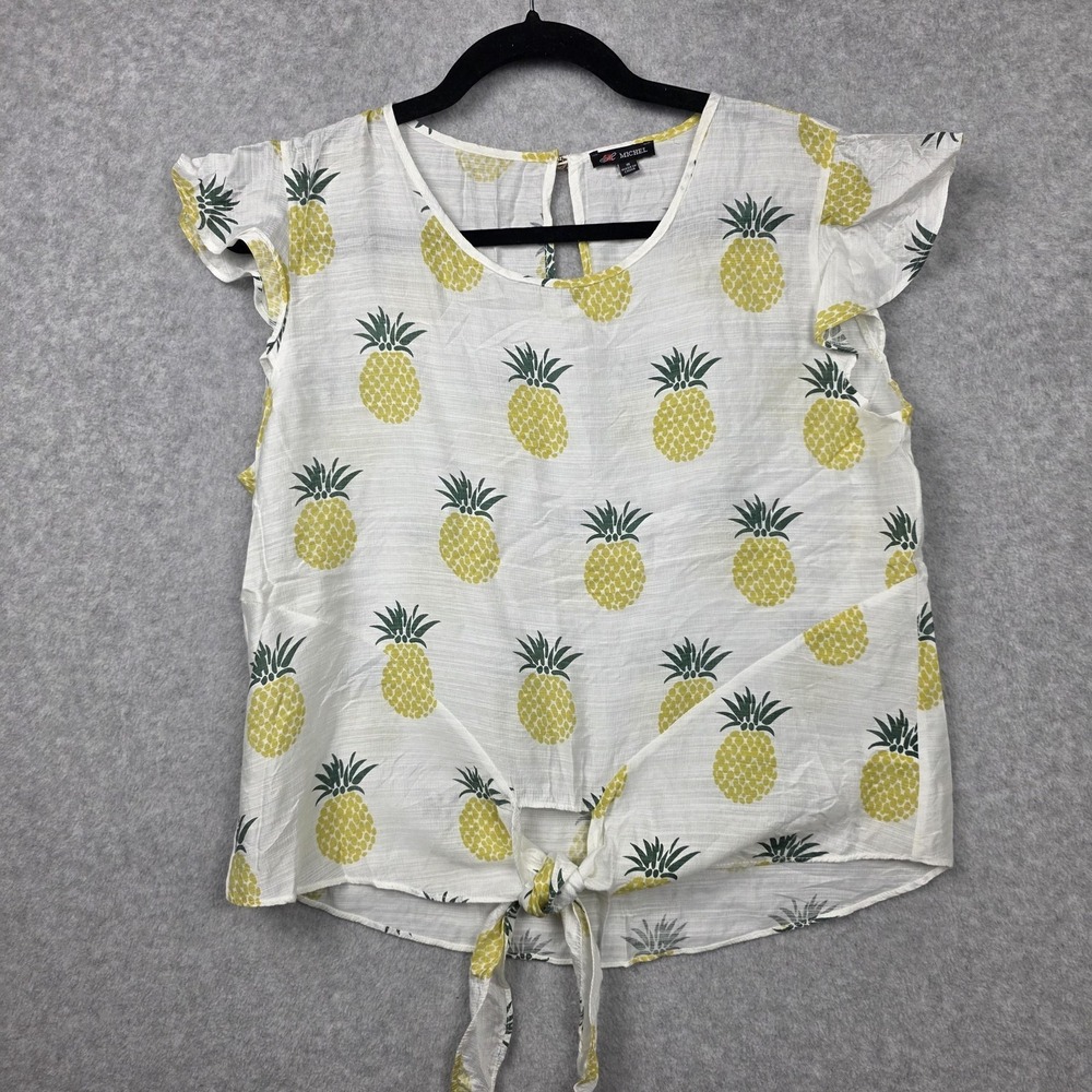 Michel‎ Blouse Womens Small White Pineapple Print Tie Front Flutter Sleeve Top